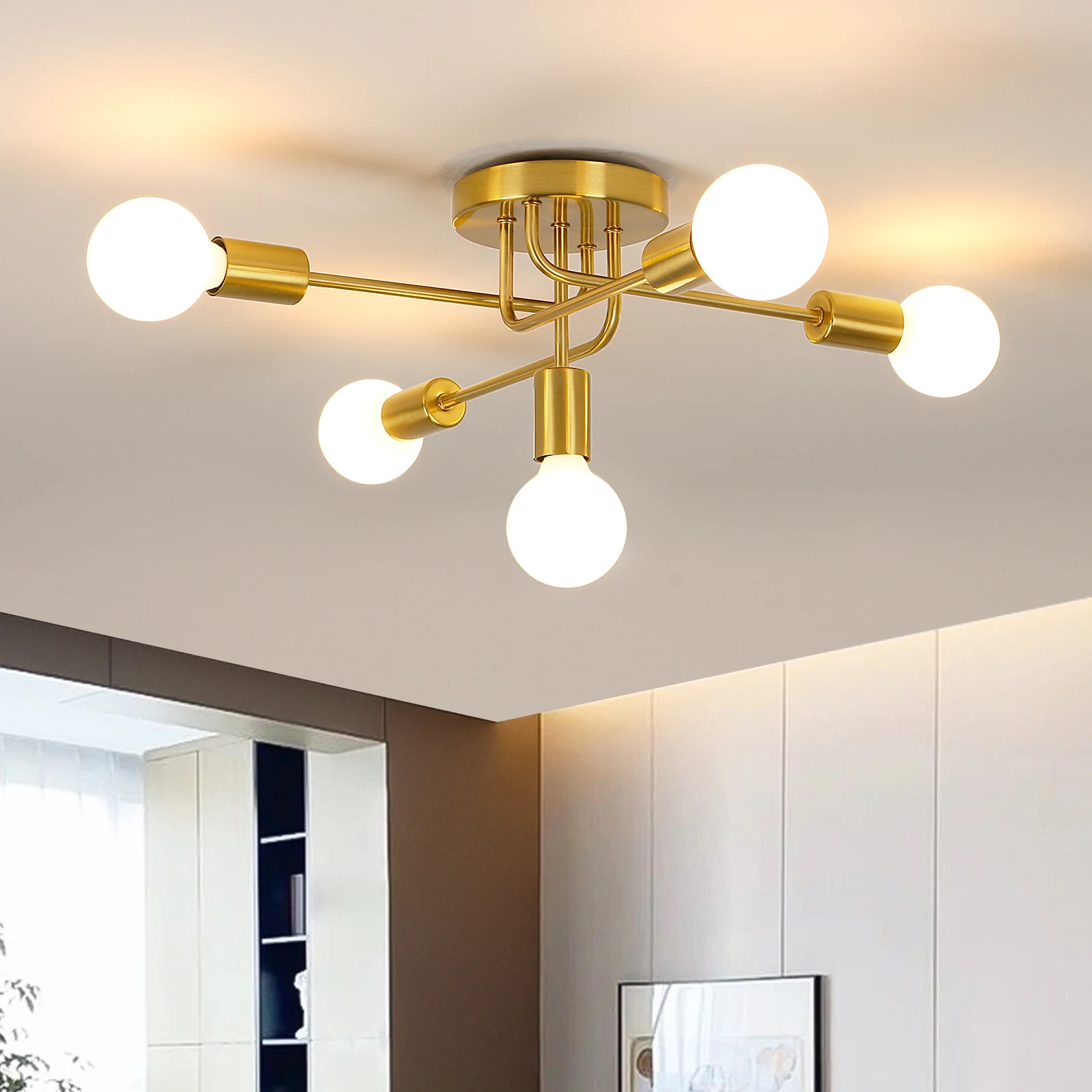 Gouden Sputnik Plafondlamp 6 Lampen E27 Semi Inbouw Plafondlamp Vintage Industriële Metalen Kroonluchter voor Woonkamer Slaapkamer Keuken, Lampen Niet Inbegrepen, Max 60W Per Lamp