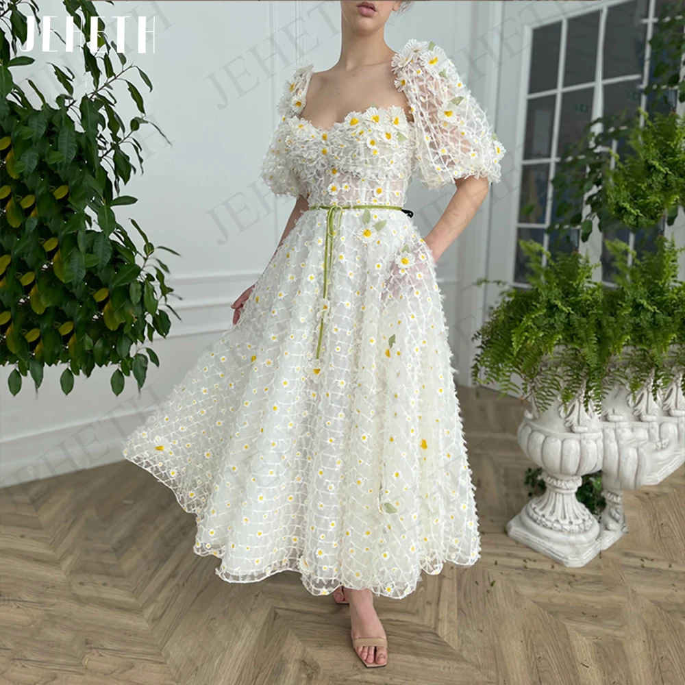 JEHETH Prom Dress Floral pastorale Daisy Party maniche A sbuffo Luxury A Line compleanno Open Back abito da sera avorio Robes De Soirée Abito da ballo floreale pastorale Daisy Party  Maniche a sbuffo di lusso per un co