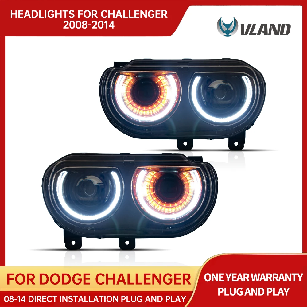 VLAND Car Headlights Assembly For Dodge Challenger 2008-2014 Head Light Moving Turn Signal Light DRL Dual Beam Lens Colourful