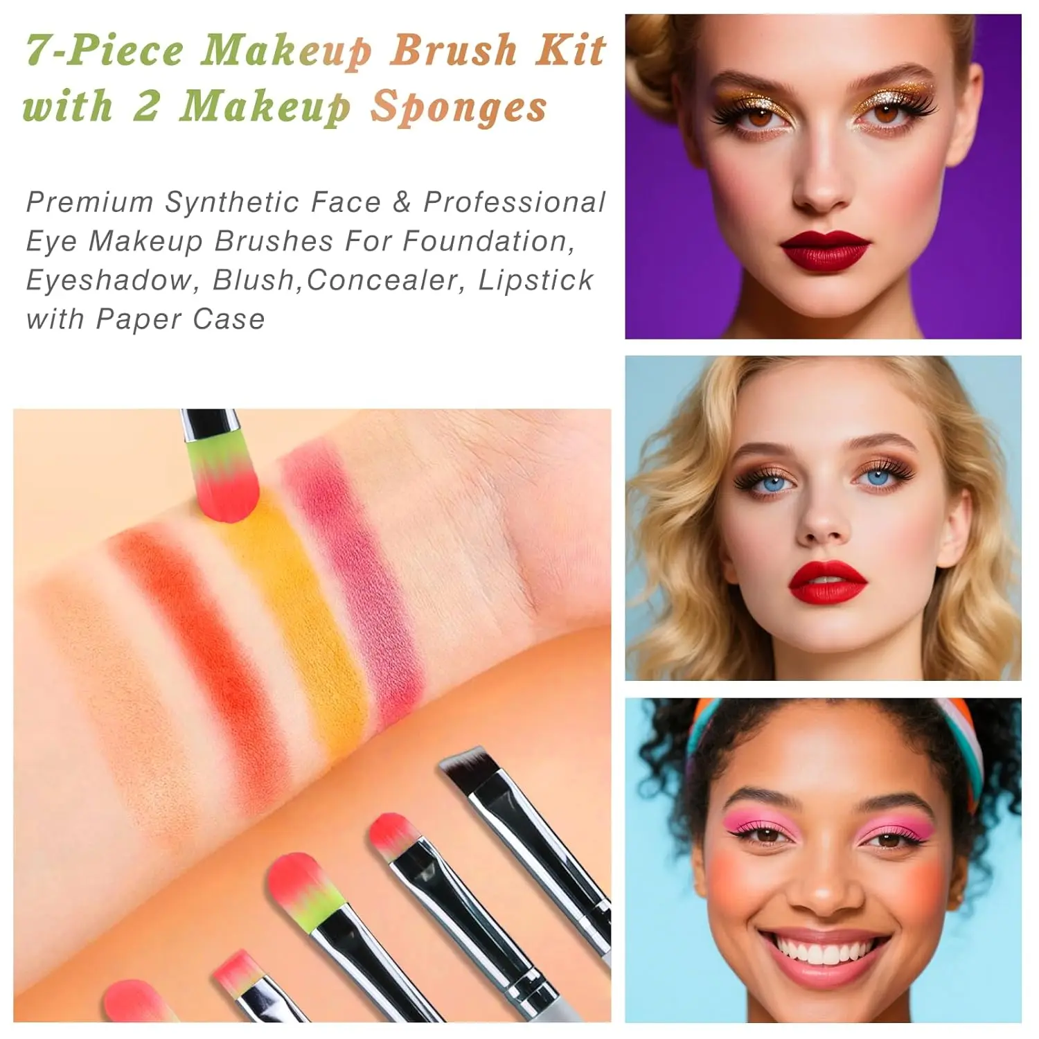 7-teiliges Augen-Make-up-Pinsel-Set mit 2 Make-up-Schwämmen, Misch-Lidschatten-Make-up-Pinseln für Concealer, Augenbrauen, Eyeliner, Make-up-Tools
