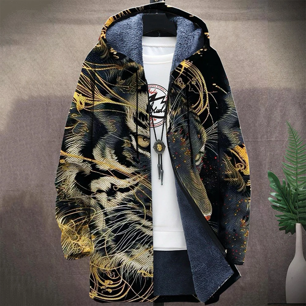 Men'S Animal Graphic Winter Tiger Coat Print Pattern Knitted Sweater Cardigan Zipper Hooded With Thick Fleece For Youth