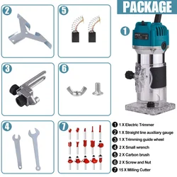 Wood Router Tool Electric Hand Trimmer 800W with 15pcs Trim Router Bits Slotting Carving 1/4