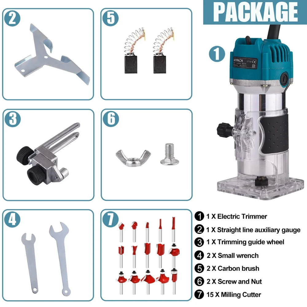 Imagem -02 - Aparador de Mão Elétrico para Wood Router Ferramenta para Madeira Slotting e Carving em Pinças 15 Pcs Trim Router Bits 800w