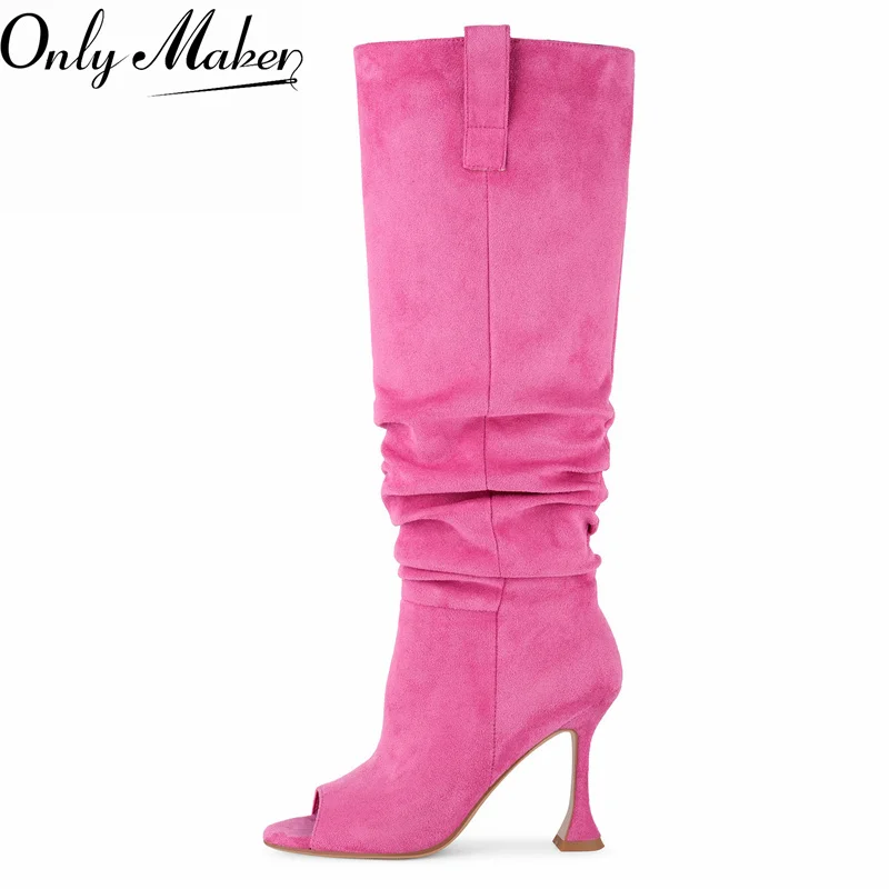 

Onlymaker Peep Open Toe Pleated Slouchy Suede Knee High Boots Wide Calf 10CM Thin Heel Pull On Tall Boots Slip On Boots