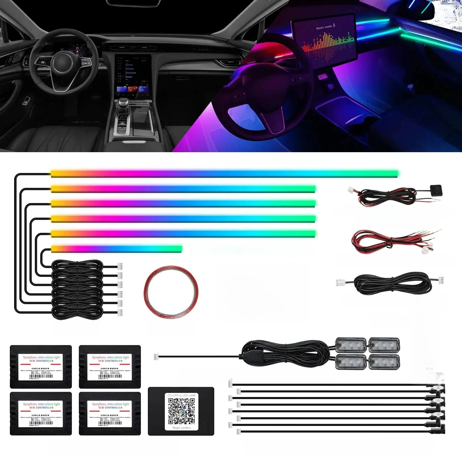 Lumières d'ambiance Led 10/14/18 en 1 pour voiture, 213, 64 couleurs, banderole symphonique RGB, Bluetooth, bandes acryliques arc-en-ciel, Kit de lampes d'ambiance 12V
