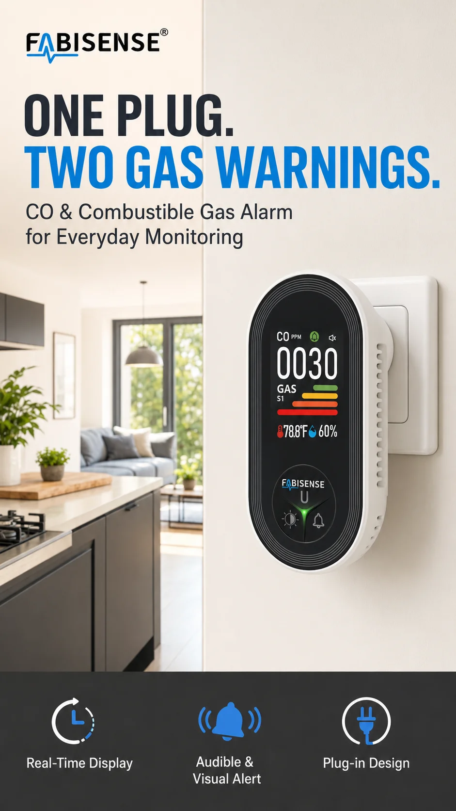 FABISENSE 4-in-1 Plug-in-Kohlenmonoxid- und Gasdetektor, CO-Alarm, Gasanalysator-Display mit Feuchtigkeits-/Temperatursensor für Zuhause – Detail 1
