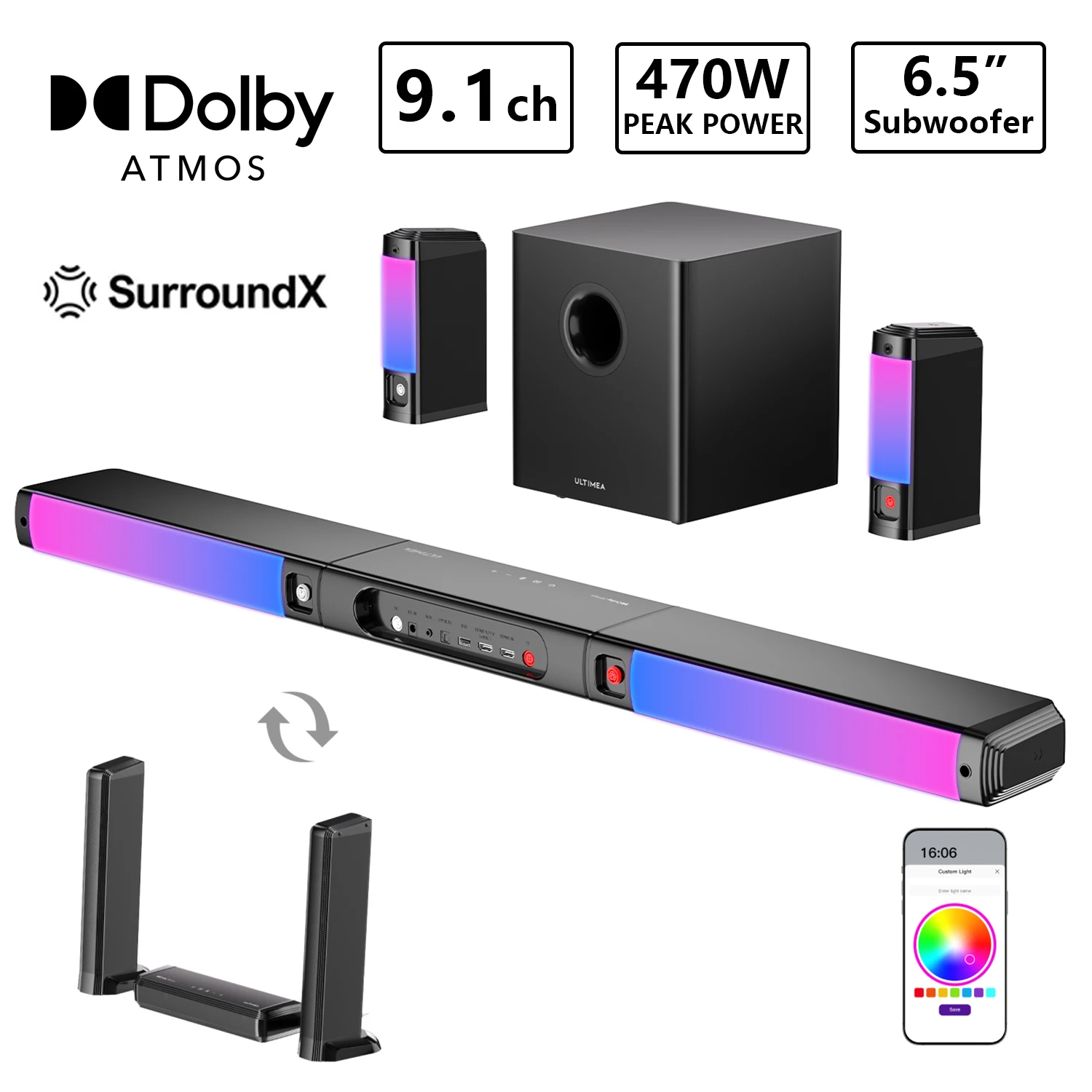 ULTIMEA 470W 9.1ch Dolby Atmos Afneembare Soundbar met Subwoofer & Surround Speakers, Surround Sound Systeem voor TV, RGB Verlichting