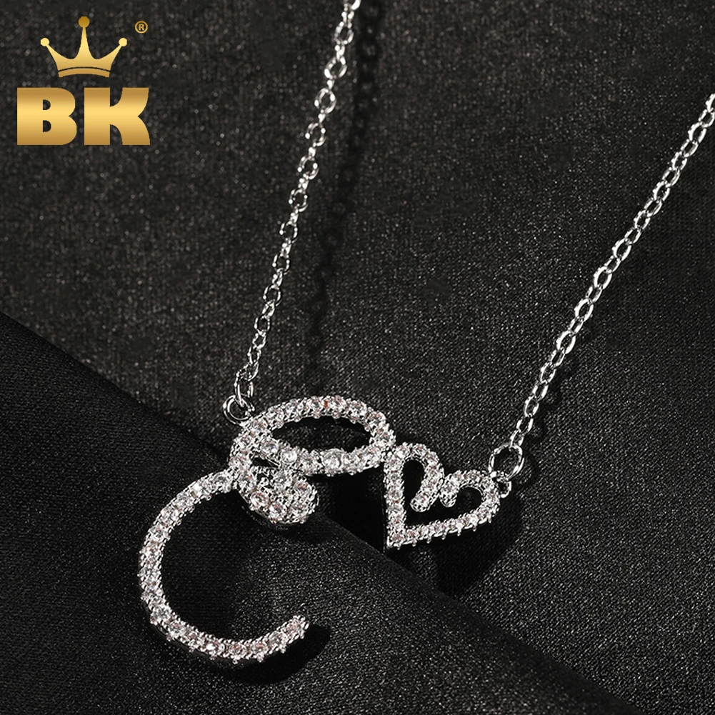 THE BLING KING Mini Heart on Cursive Letter A-Z Name Pendant Iced Out CZ Pendant Charm Choker Necklace Hiphop Jewelry For Gift