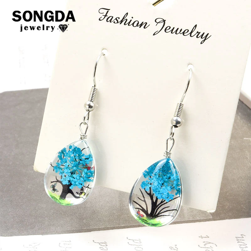 Fashion Dried Flower Elegant Earring For Women Plant True Flower Transparent Glass Daisy Drop Earring Handmade Jewelry Girl Gift