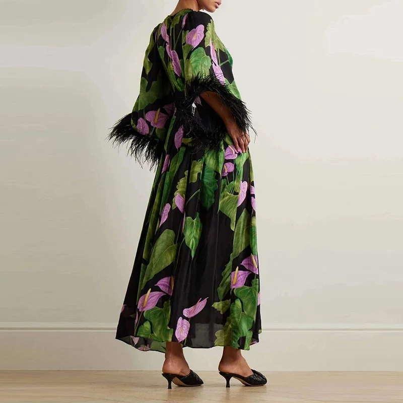 Vrouwen geplooide bloemen pinted feestjurken Boheemse dames lange mouw getailleerde jurk sexy stiksels veren v-hals lange jurk - afbeelding 2
