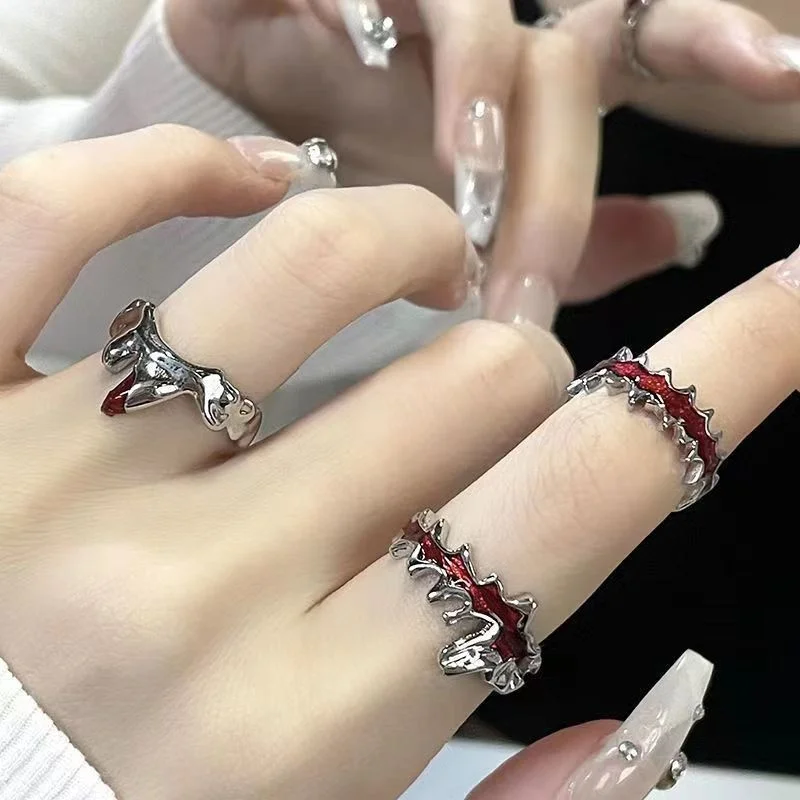 3Pcs Gothic Red Imitation Enamel Ring Set, Silver Irregular Spike Adjustable Opening Ring, Dark Aesthetics Stackable Jewelry