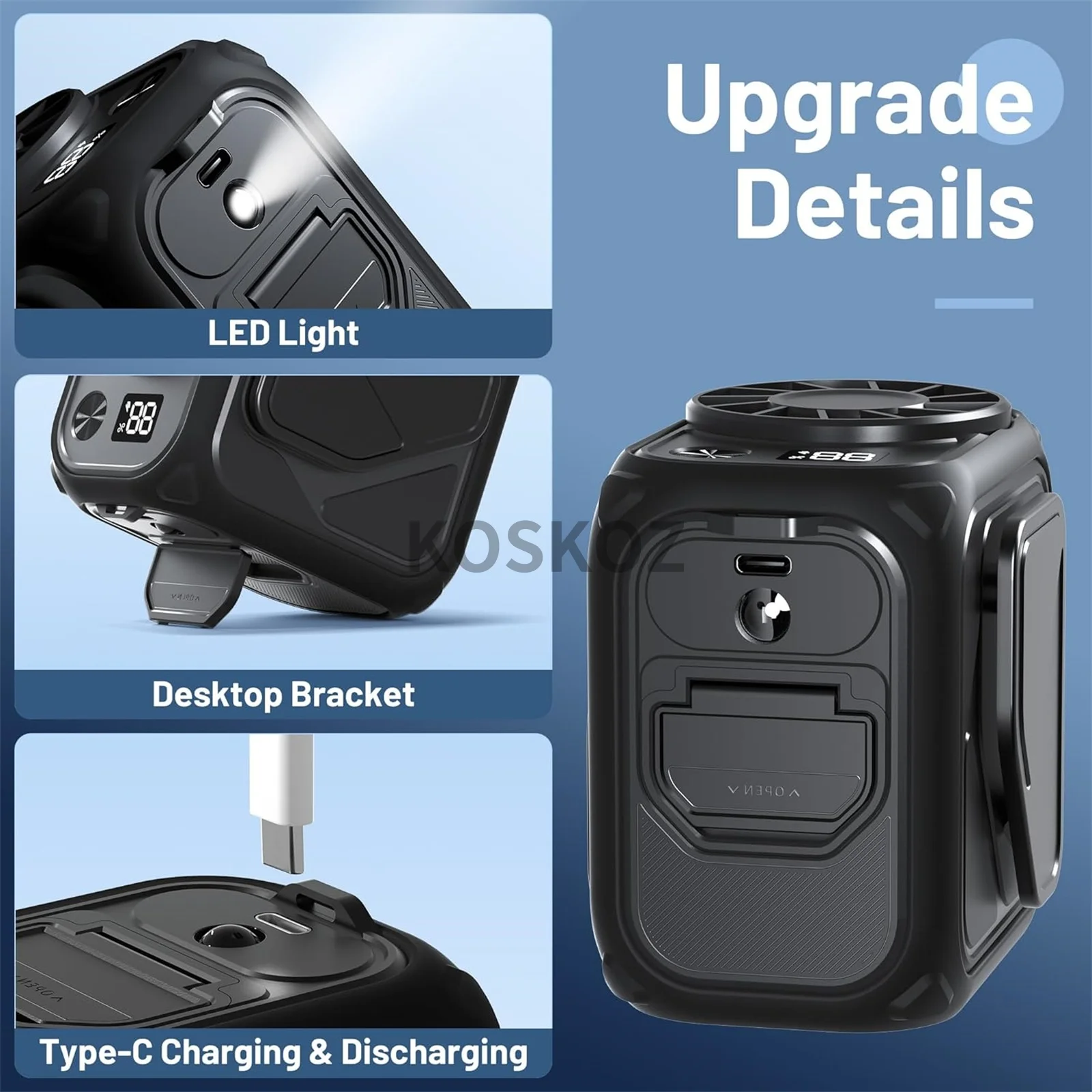 Портативный поясной вентилятор с зажимом, фонарик, вентилятор под рубашку с 5-скоростными портативными персональными шейными вентиляторами без помощи рук для путешествий на открытом воздухе