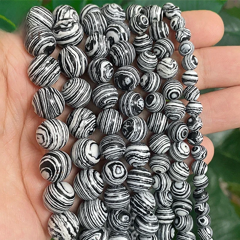 Czarna koronka Biały kamień malachitowy Luźne okrągłe koraliki DIY Ręcznie robiona bransoletka Akcesoria do tworzenia biżuterii 15 "Strand 4 6 8 10 12 MM — zdjęcie 2