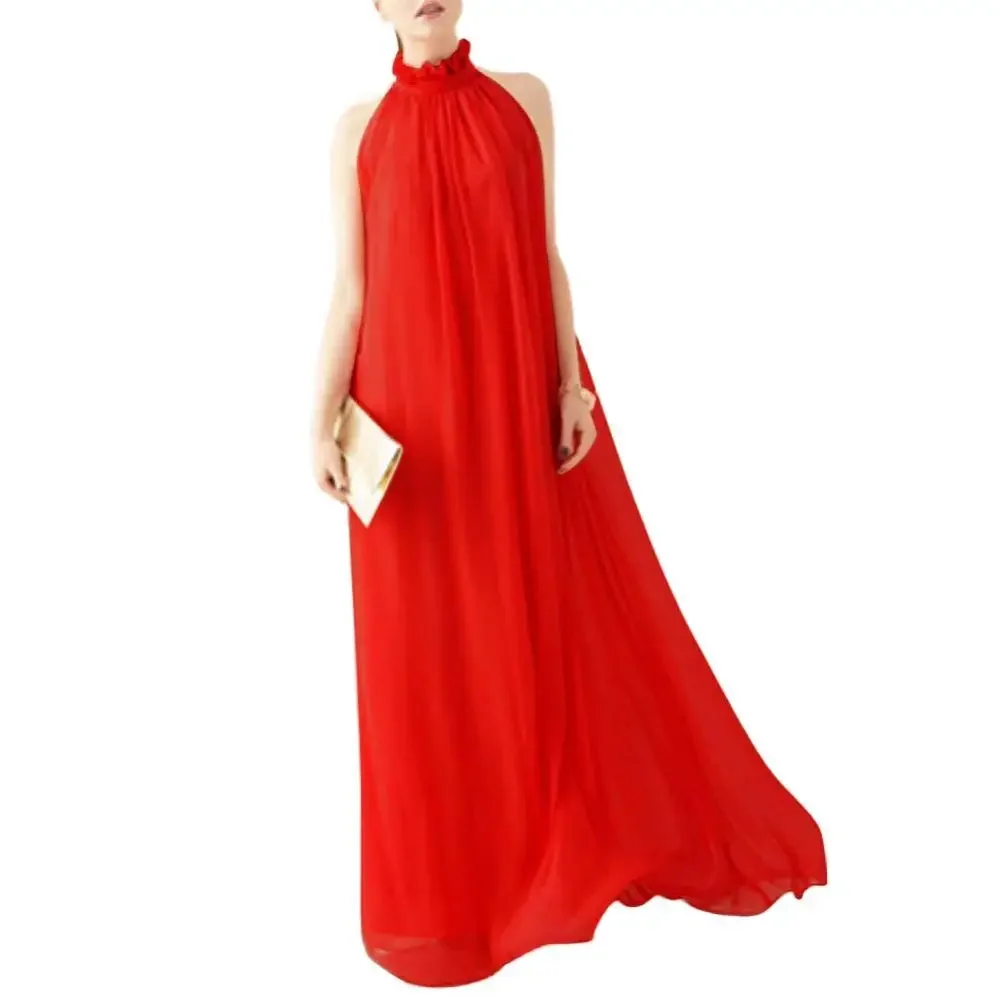 Robe longue style bohémien pour femmes, ample, couleur unie, col à volants, sans manches, Maxi, avec ceinture, été, automne