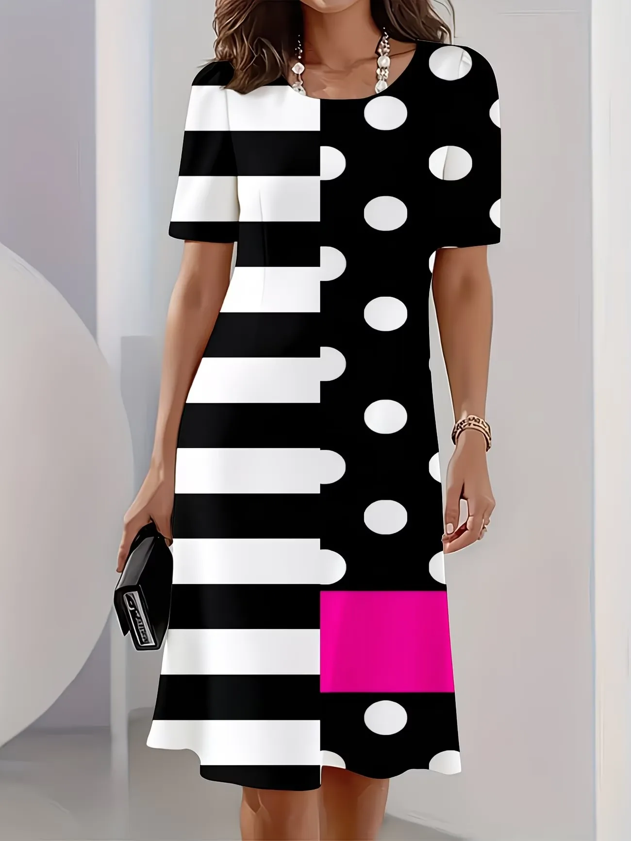 Ladies' Summer Gradient 3D Polka Dot Stripe Print Dress round Neck Casual Mini Skirt for Women