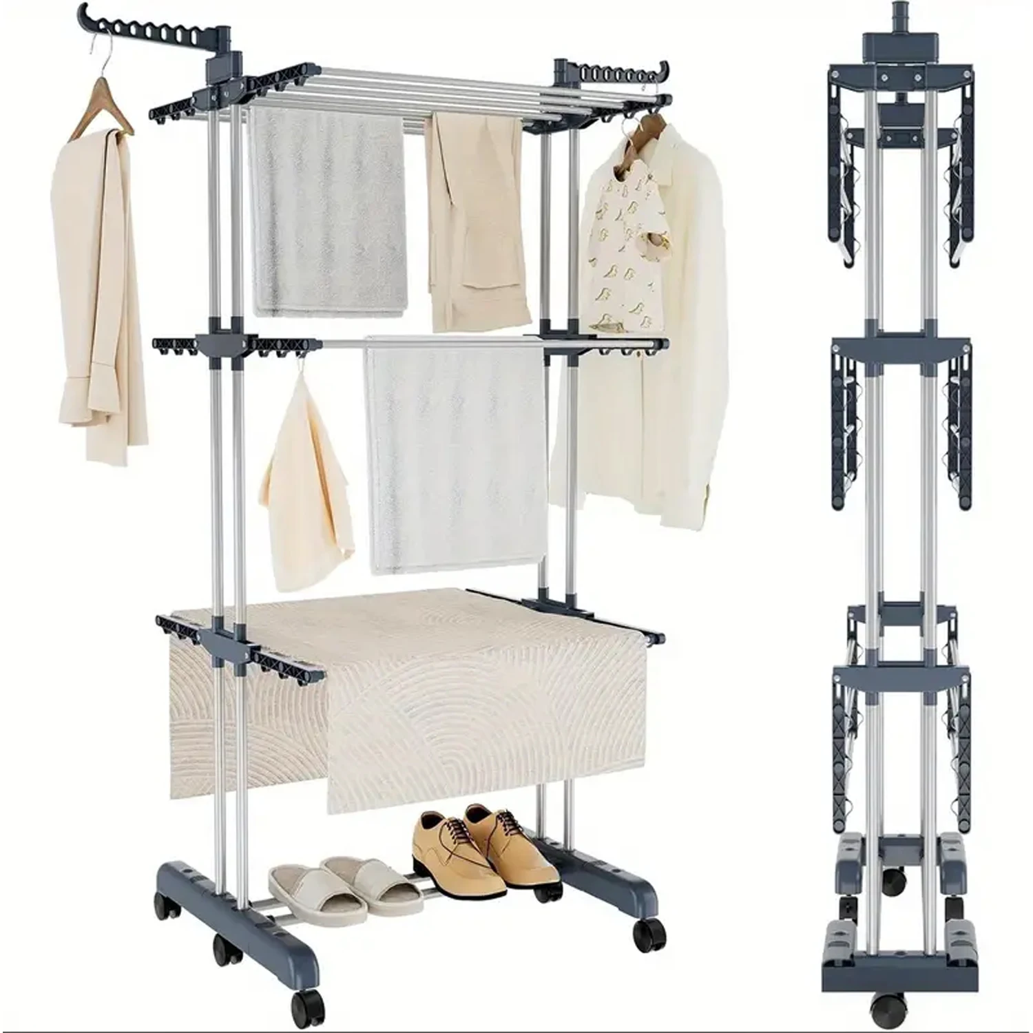 Étendoir à vêtements Airer, cintre pliable à 3 niveaux, grands supports à linge réglables pour intérieur et extérieur