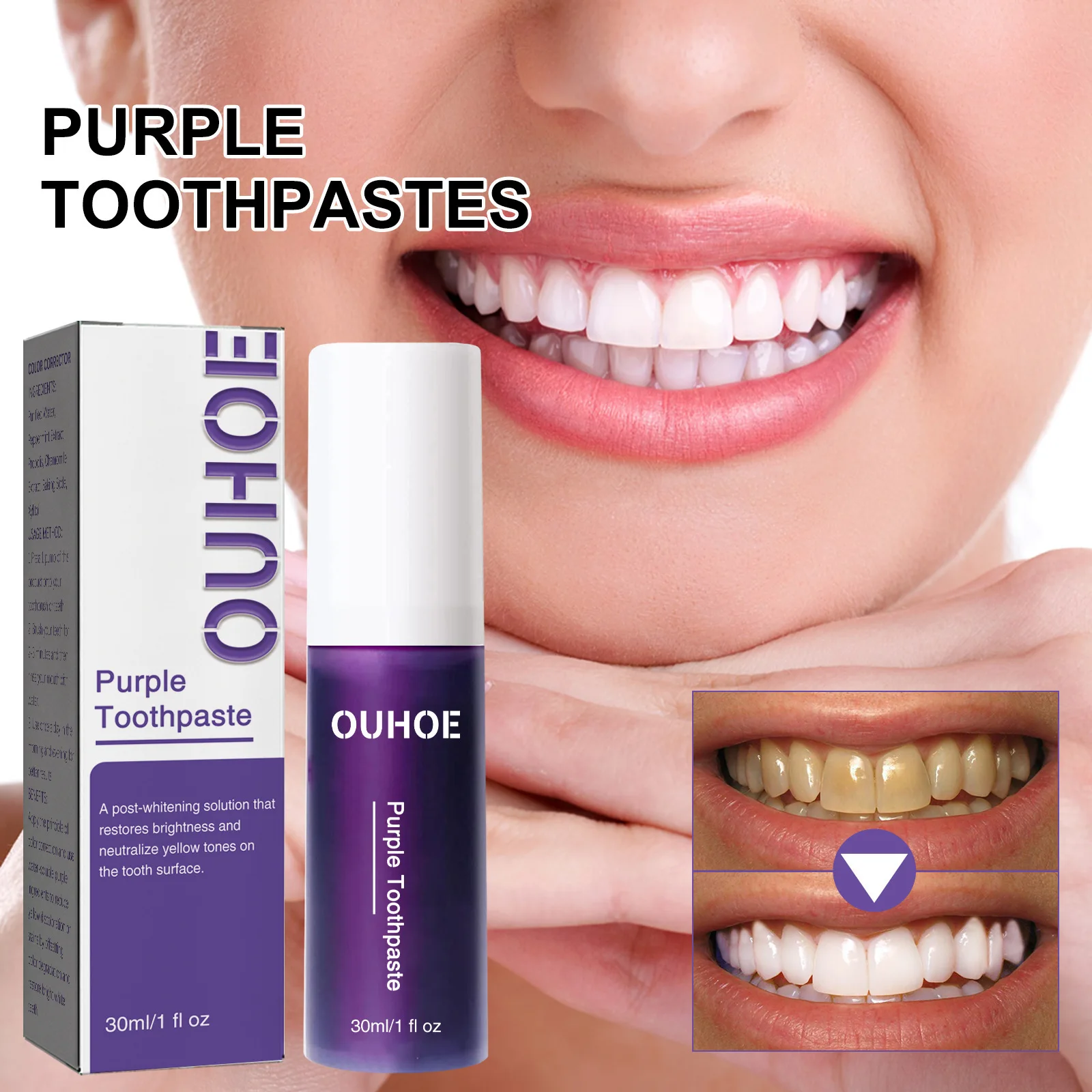 Ouhoe 30ml Purple Colour Corrector Toothpaste Whitening Teeth Cleaning Gums Repair Care Fresh Bad Breath Remove Stain Toothpaste