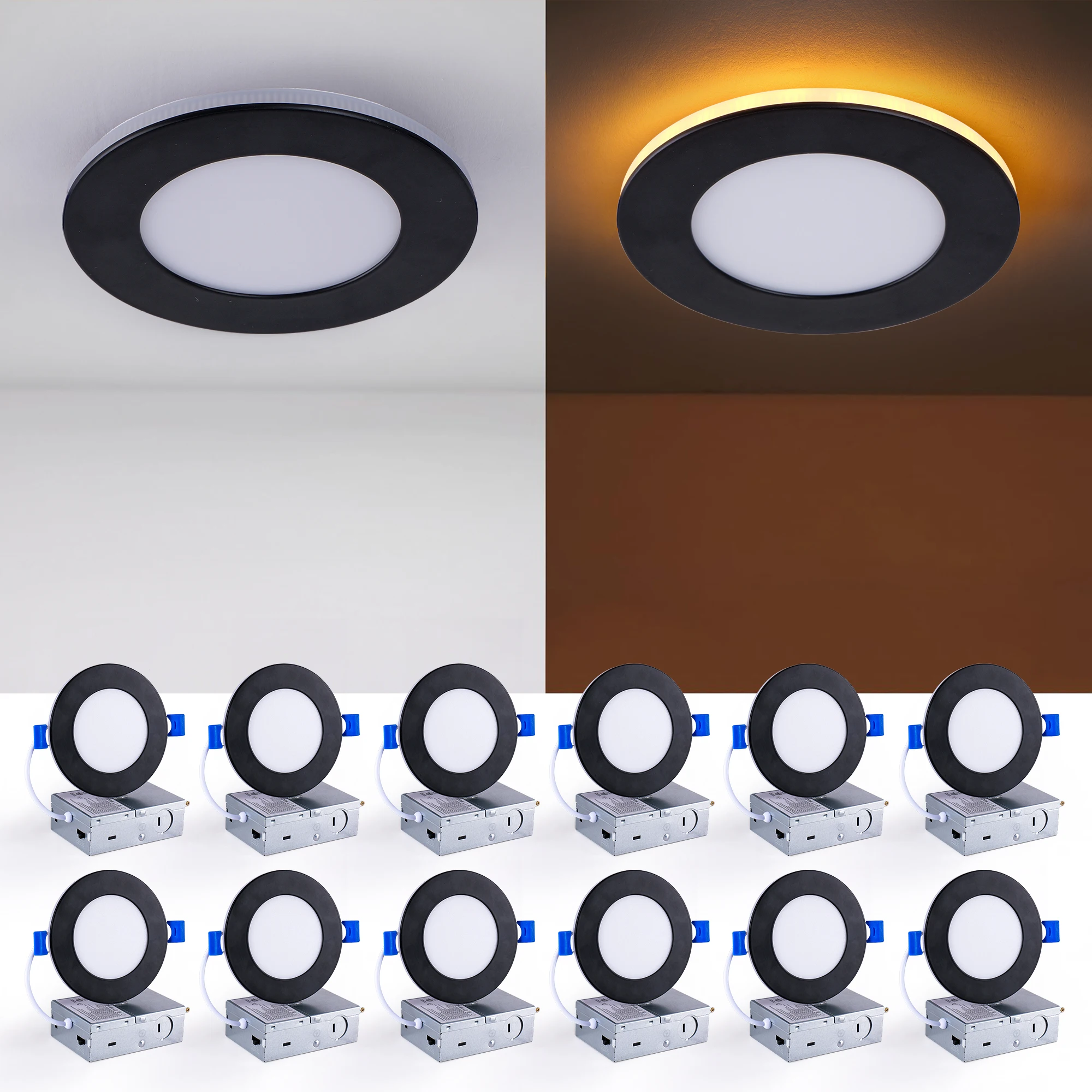 12 Pack 4'' 5CCT Black LED Recessed Ceiling Panel Light Dimmable w Night Lights
