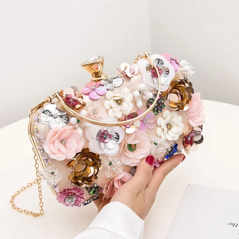 Modne torebki damskie kwiatowe diamenty hafty mała kopertówka luksusowe torebki damskie torebki wieczorowe New Arrival torebka na ramię z łańcuszkiem — zdjęcie 2