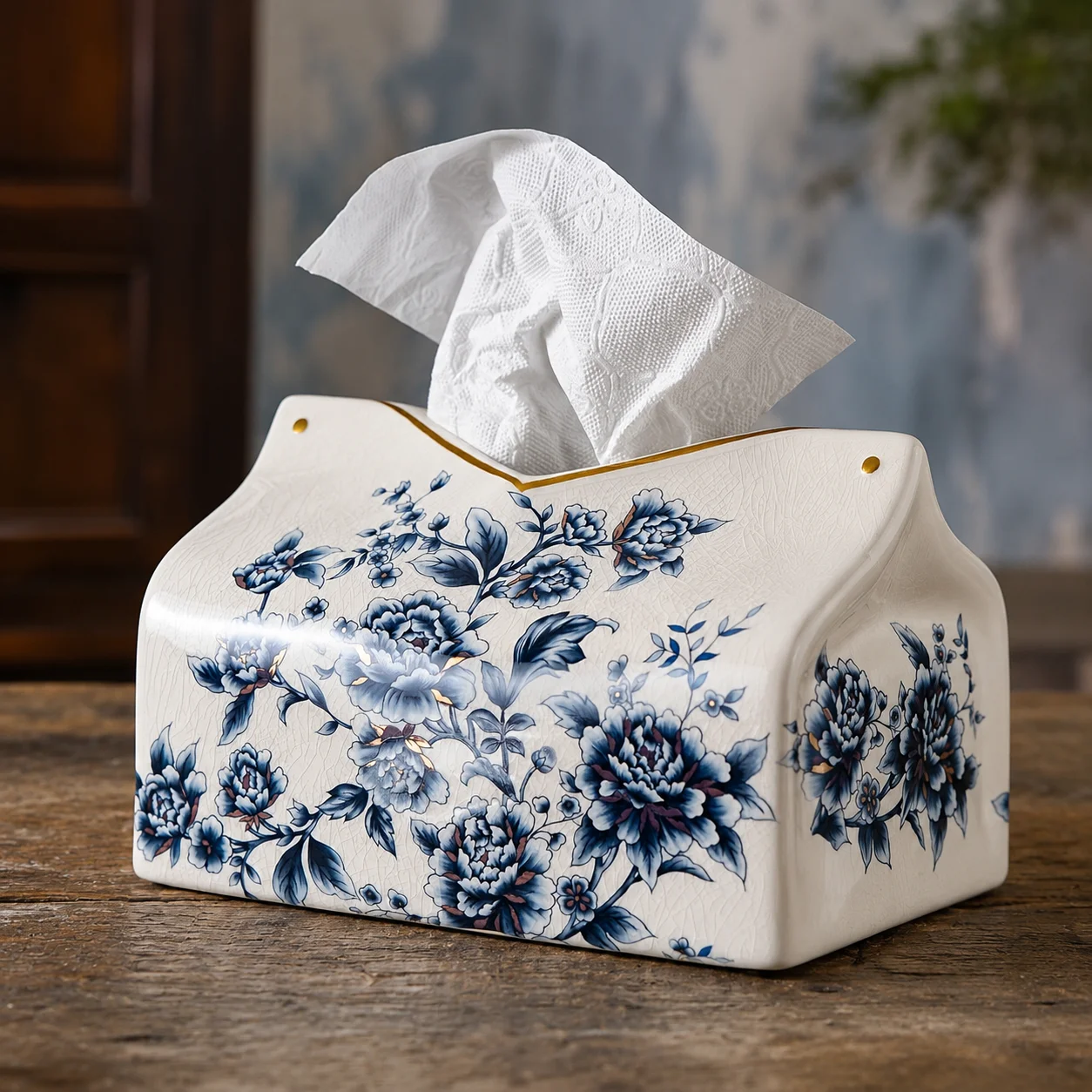 Vintage Blue Floral Ceramic Tissue Box Cover Porcelain Napkin Holder with Gold Trim Crackle Glaze Decorative Home Table Decor