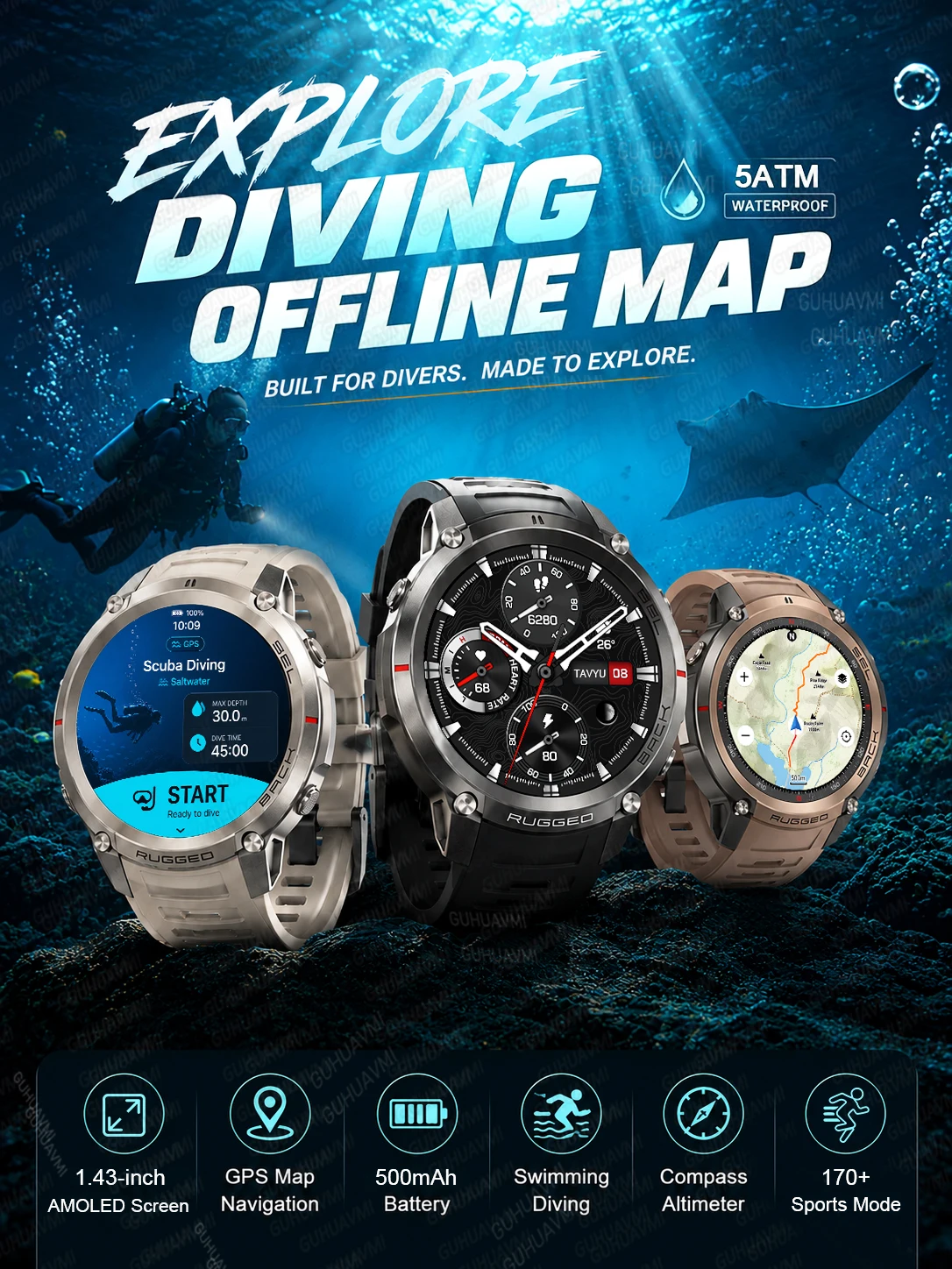 2026 Premium 52mm Militär-Smartwatch mit Offline-Karten für Herren, GPS-Outdoor-Navigation, 5ATM wasserdicht, Schwimmuhr, Kompass, Höhenmesser, Barometer, Bluetooth-Anruffunktion, Sport-Smartwatch