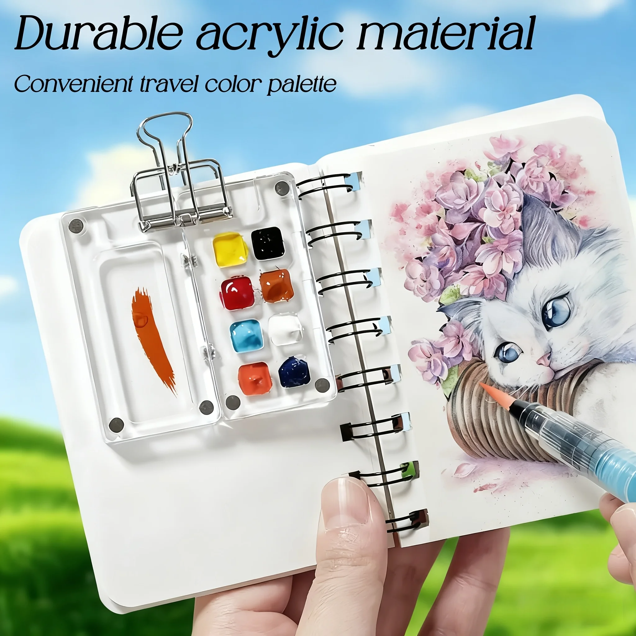Mini-Aquarell-Acrylfarbe, Acryl-Box, tragbares Handbuch, Skizzieren, Reisen, Malen, Skizzenbuch, Palette, kleines Zeichenbrett – Detail 1