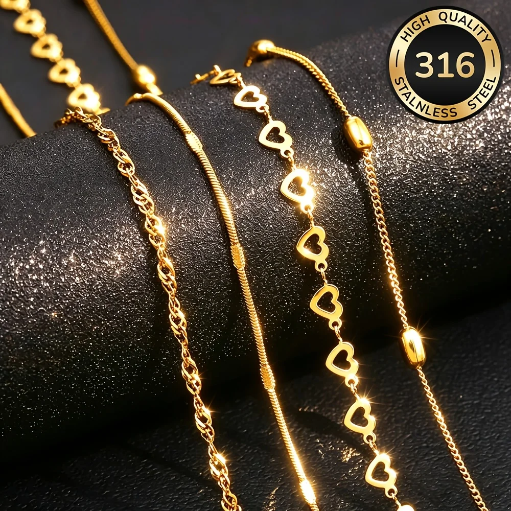 4Pcs High-Quality 18K Gold-Plated Adjustable Fashionable Stainless Steel Necklace Set – Stylish, Lightweight, Suitable for Street Wear, Travel, Outdoor Activities, and Parties, Is the Perfect Jewelry Gift for Holidays and Graduation Season, Versatile Women's Fashion Necklace