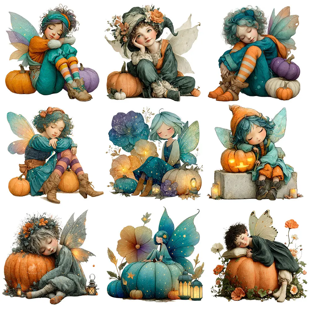 

Autumn Pumpkin Fairy Elf Watercolor Heat Transfer Vinyl Iron on Stickers DTF Print for T-Shirt Hoodie Halloween Clothes Patches