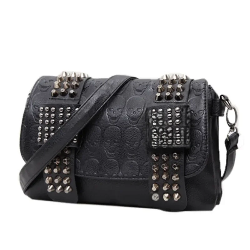 JIETOTYX kobiety czarne skórzane torby kurierskie pojedyncze czaszki torby na ramię z nitami Sac główna Bolsa czarna Vintage seksowna torba Lady Drop — zdjęcie 2