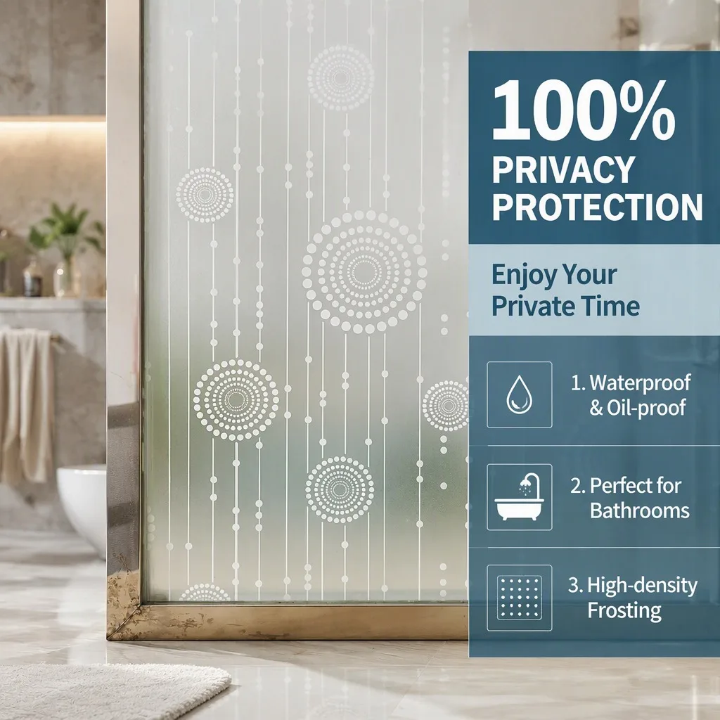 Bathroom Balcony Door Window Privacy Film Static Cling Frosted Leaf Pattern Roll Heat Block UV Block