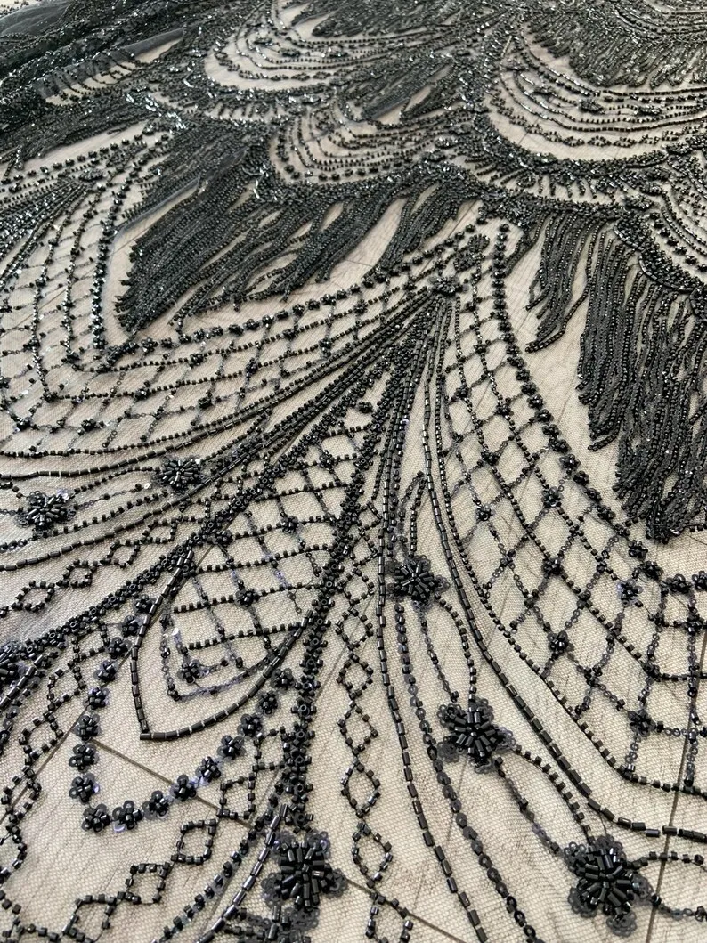

Black Bead Tulle Fabric With Fringes For Dress, Beading Embroideries Fabric For Wedding Dress Bridal Veil DIY Sewing by the Yard