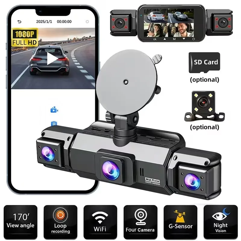 FHD 1080P 3/4-Channel 360° Dash Cam, WiFi, IR Night Vision, Loop Recording, IPS Screen, 150mAh Battery, 12-24V