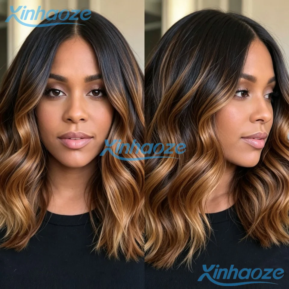 

Ombre Brown Body Wavy Human Hair Glueless 5x5 Silk Top Closure Wigs Pre Plucked Brazilian 13x6/360 Full Lace Short Wavy Wigs