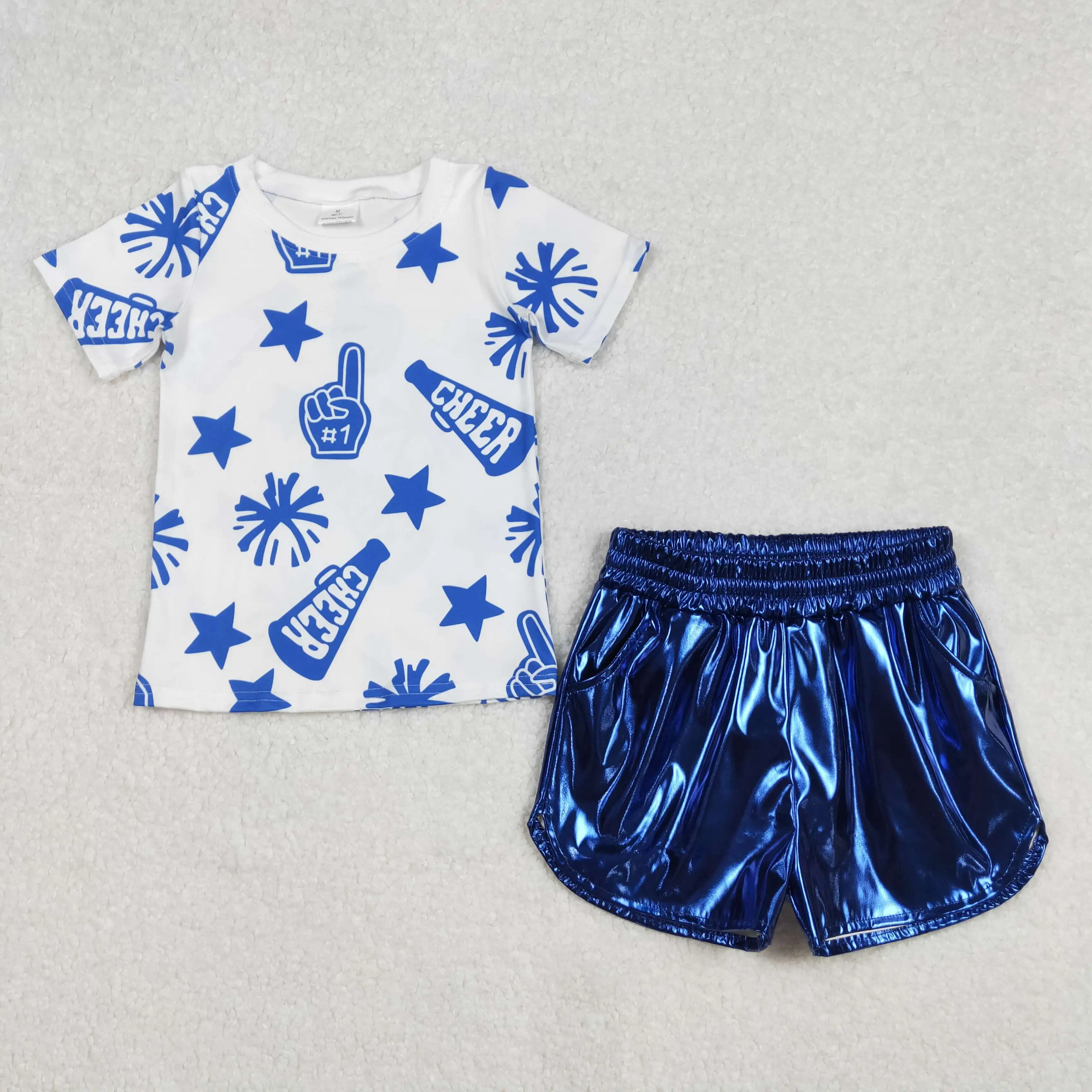 

Baby Girls Blue Pocket Leather Elastic Bottom Shorts Baby Girls Cheer Blue Team Pullovers Tee Shirts Tops