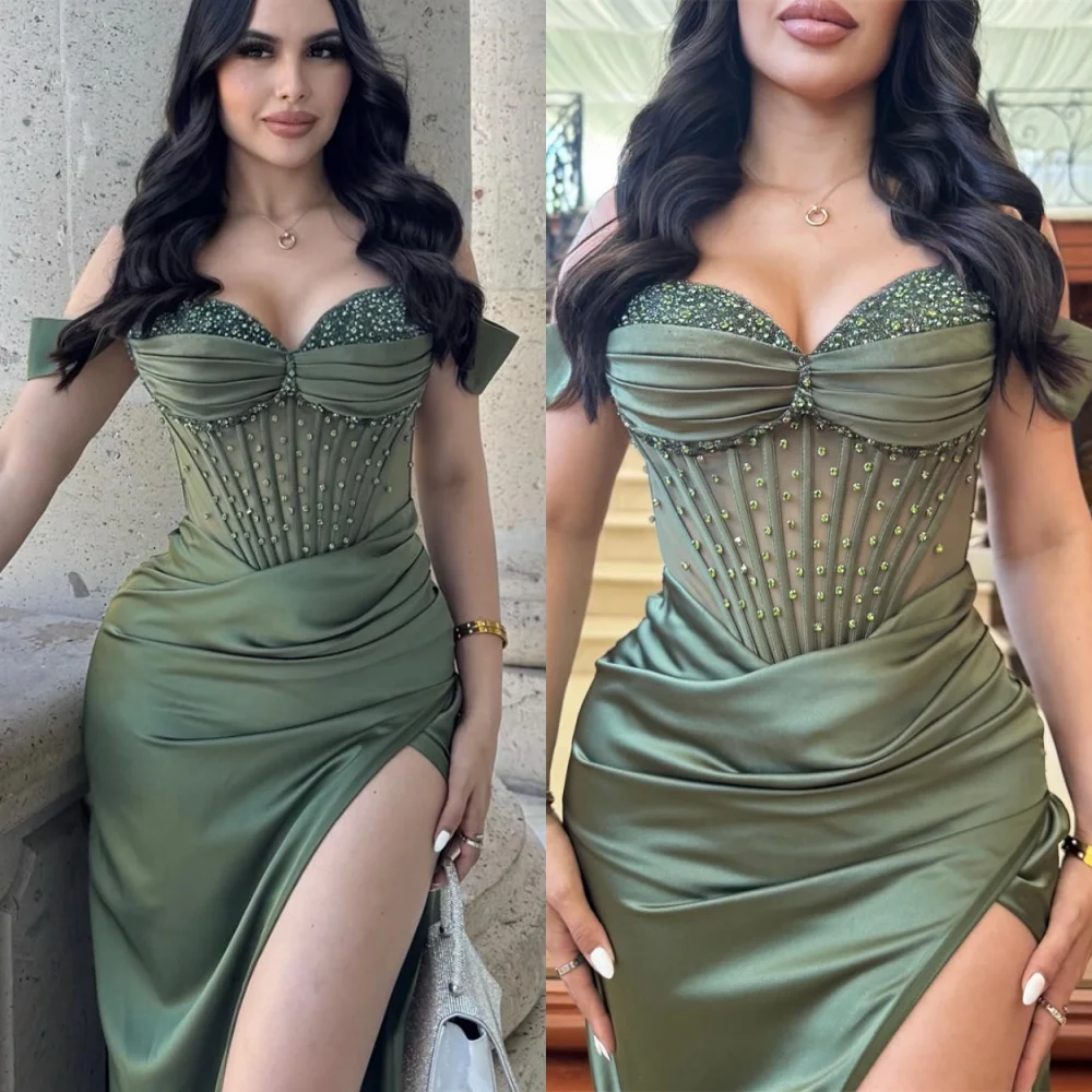 فستان سهرة من الساتان الأخضر البسيط بتصميم حورية البحر مخصص على شكل قلب كلاسيكي مكشوف الكتفين لحفلات العودة للوطن فيستدو دي فيستا