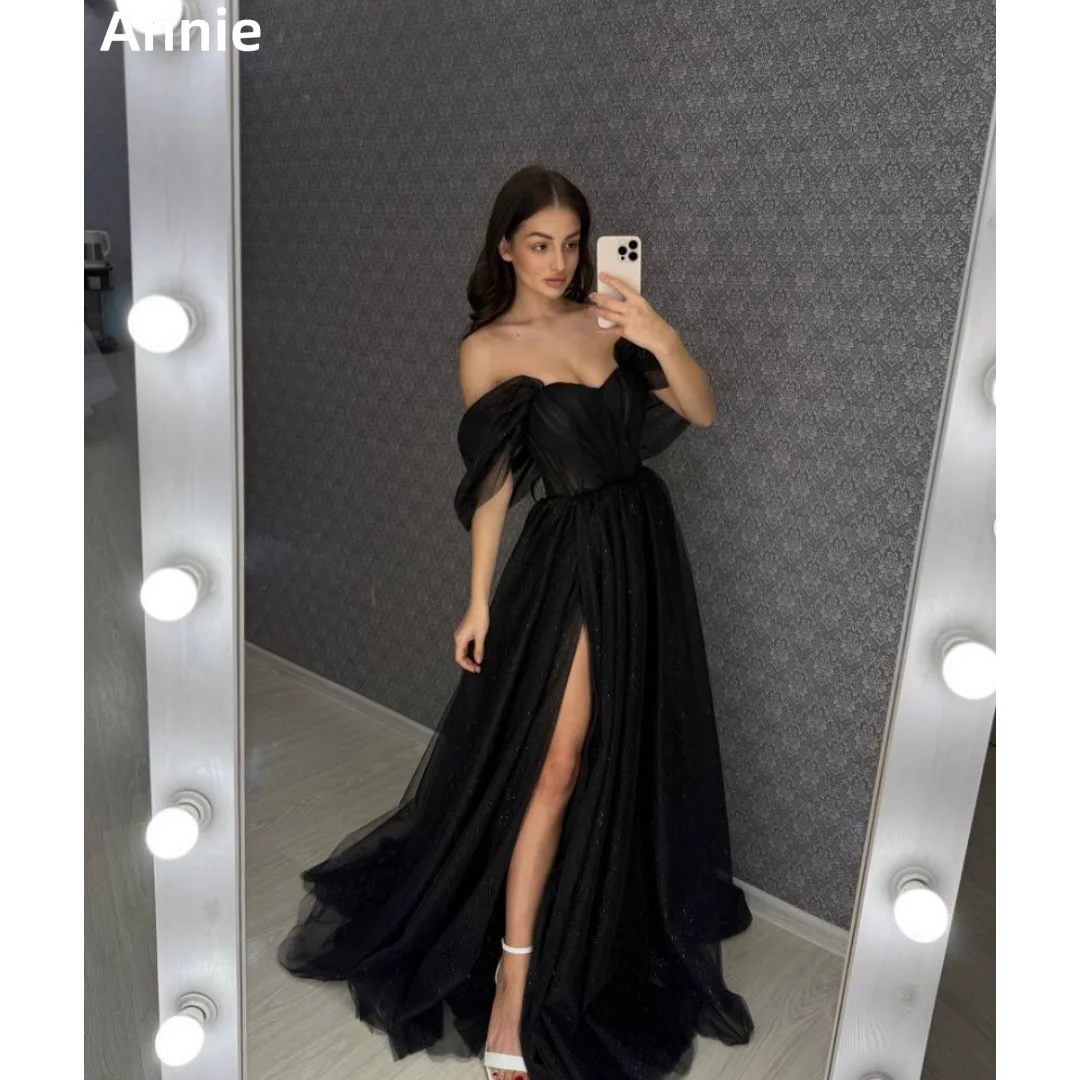 

Annie Glitter Tulle Prom Dresses Black Evening Dresses Off-shoulder Side Slits A-Shape Elegant Lady Party Dresses فساتين سهرة