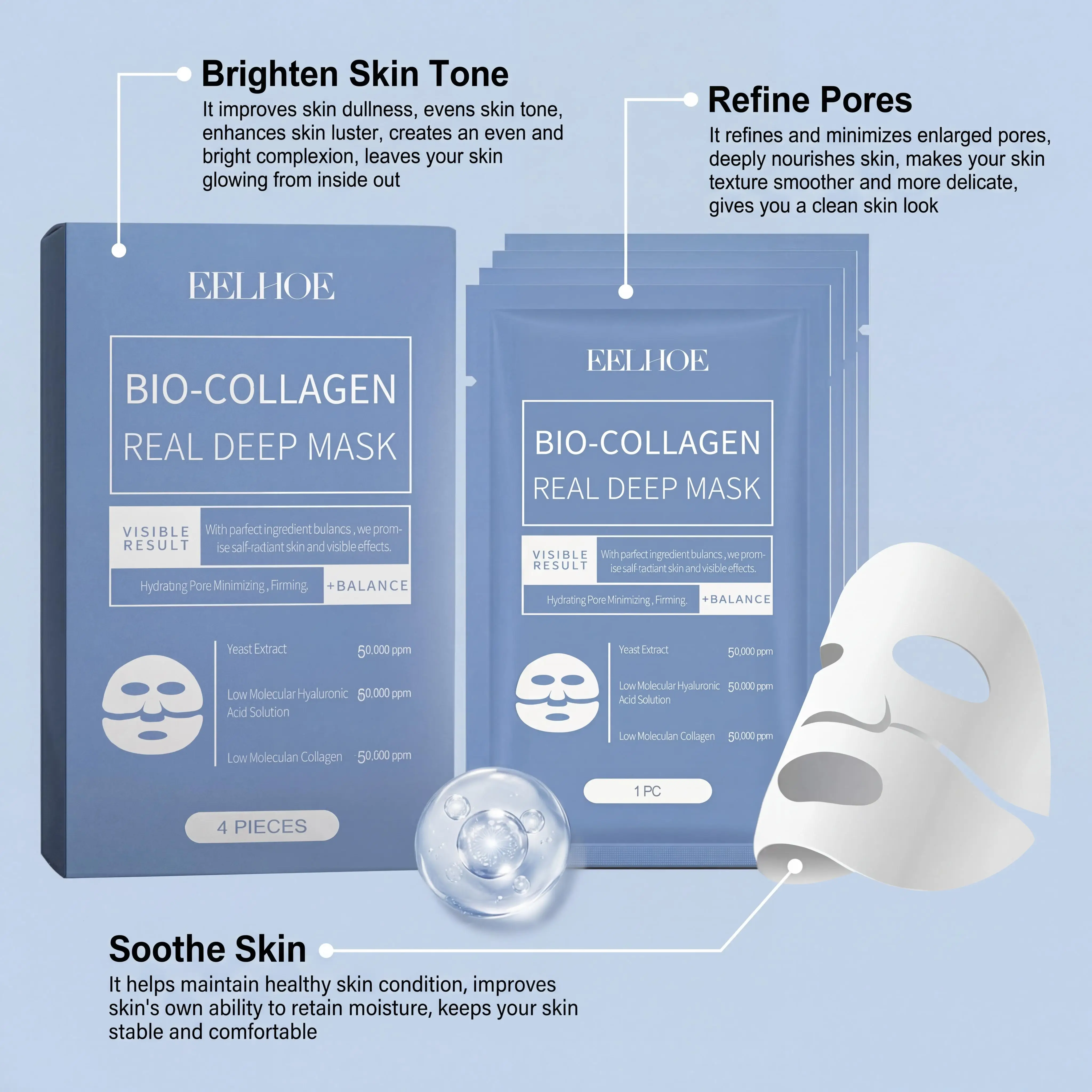 Eelhoe Bio Collagen Mask Centella Extract Deep Moisturizing Anti Aging Pore Minimizer Skin Firming Brightening Hydrating Face Sheet Mask