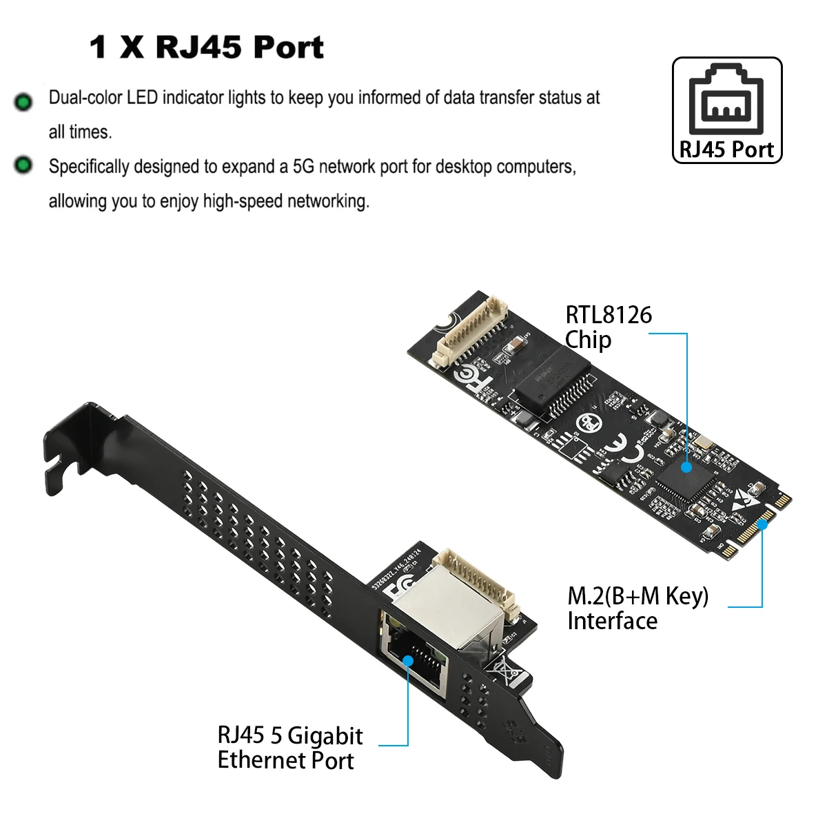 IOCREST 5GBase-T 1 puerto 5000Mbps M.2 b llave M a PCIe 5gb tarjeta Ethernet RTL8126 RJ45 tarjeta controladora LAN