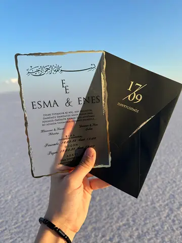 Gold-Edged Acrylic Wedding Invitation Personalized Clear Invite with Arabic Bismillah & Black Envelope Custom Business Thank You