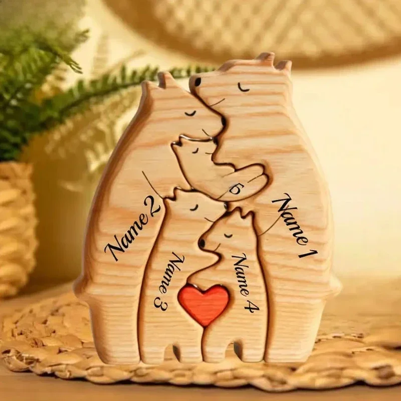 Puzzle familial ours en bois, nom personnalisé, décoration de maison personnalisée, Thanksgiving, noël, cadeau d'échauffement pour bébé maman