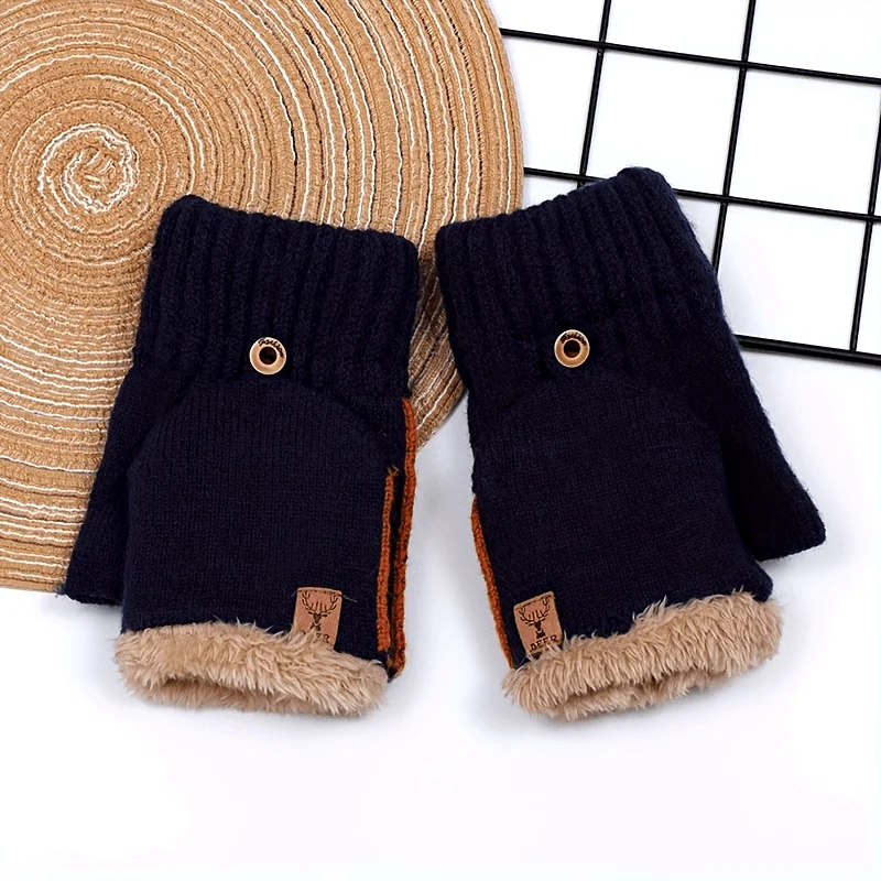 Students' Winter Thick Warm and Cold Resistant Writing Half Finger Knitted Flip Gloves in Color
