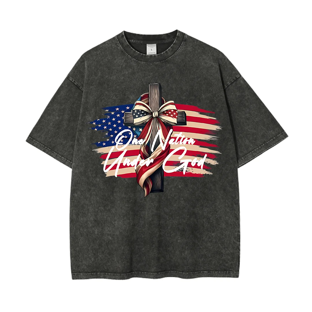 

On Nation Under God Beauty Graphic Tees Summer Breathable Christian Washed T-Shirt Women’s Casual Loose Clothing Unisex Tops