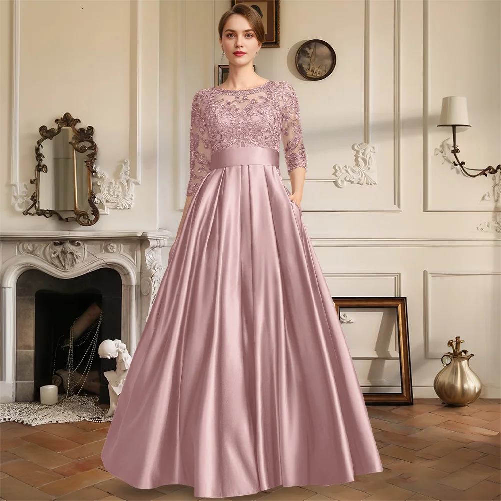 

Mother Of The Bride Dress 2025 Luxury A-Line Floor Length Satin Lace With Sequins Bow For Wedding Party Guest Evening Party