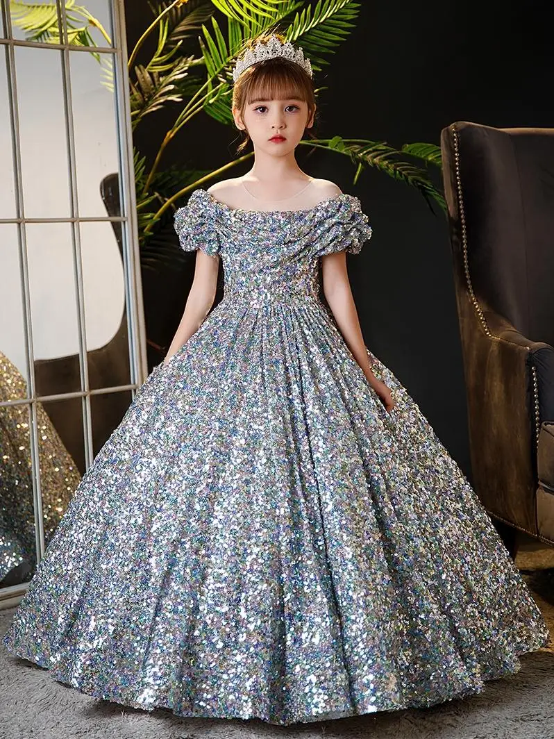 Girls dress with sequins and long skirt, children's princess dress, gorgeous birthday party dinner dress, dinner dress