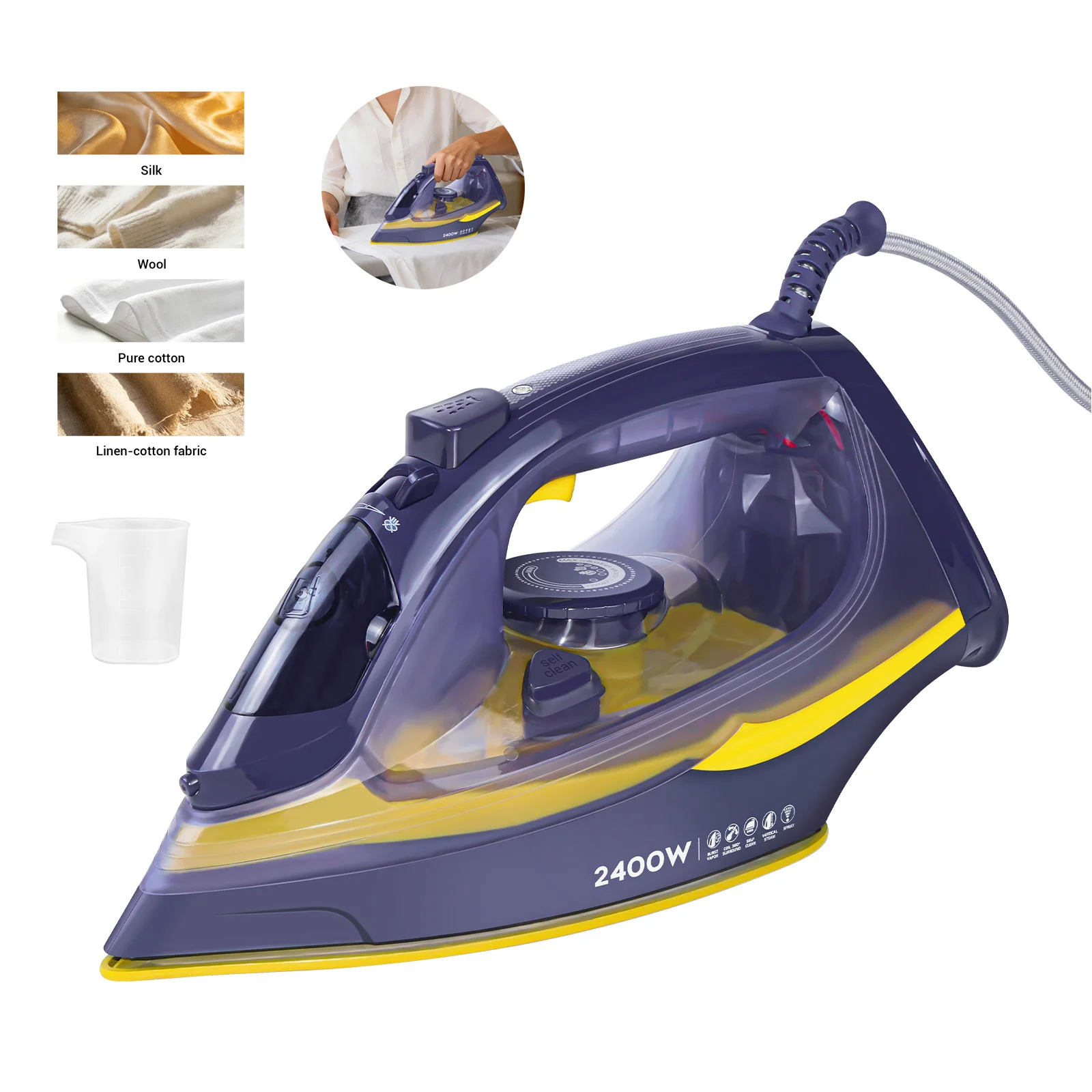 Plancha de vapor eléctrica de 2400W para ropa, plancha de vapor con 5 velocidades ajustables, tanque de agua de 350ml, cable de 1.95m, función de limpieza automática, función de pulverización y suela antiadherente