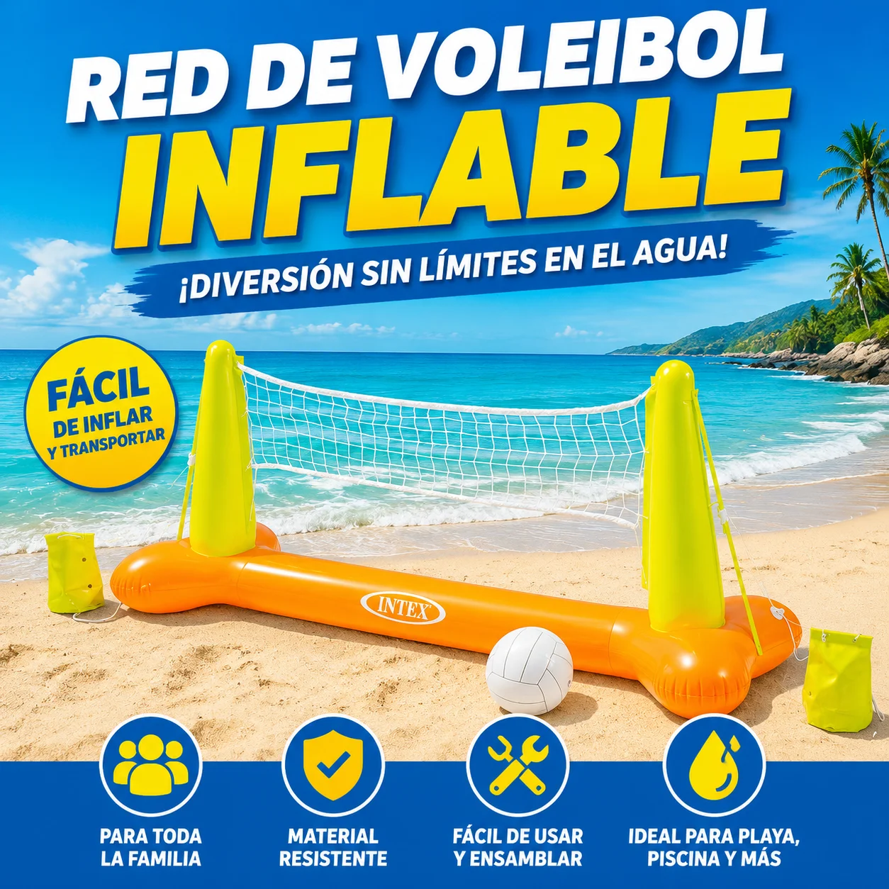 Filet de volley-ball aquatique gonflable avec ballon inclus, structure orange-jaune de 239x64x91 cm, matériau PVC résistant, facile à gonfler et à transporter, jouet de piscine et de plage pour le plaisir en famille, adapté à tous les âges pour les activités estivales.
