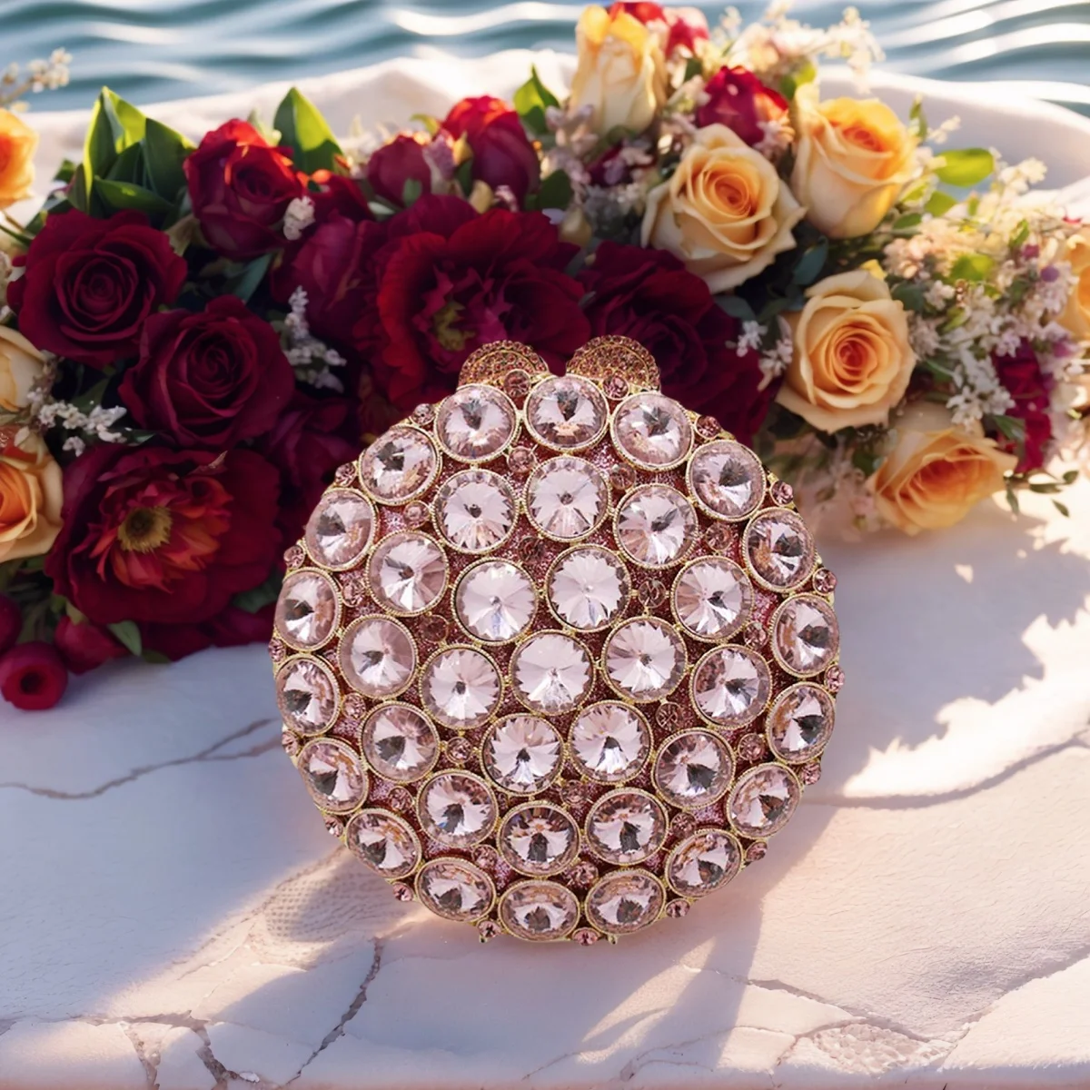 

Charm Round Shape Crystal Evening Clutch for Women Luxury Rhinestone Bag Cocktail Party Diamond Handbag Wedding Purse