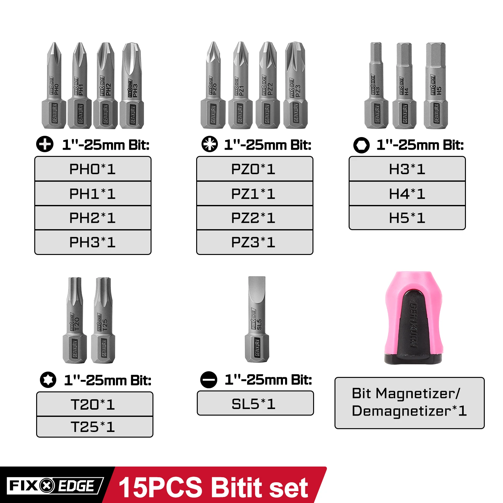 Geinxurn FIXEDGE 15PCS S2 Magnetic Screwdriver Bits Set for Home Appliance Repair, with Mini Case & Magnetizer/Demagnetizer