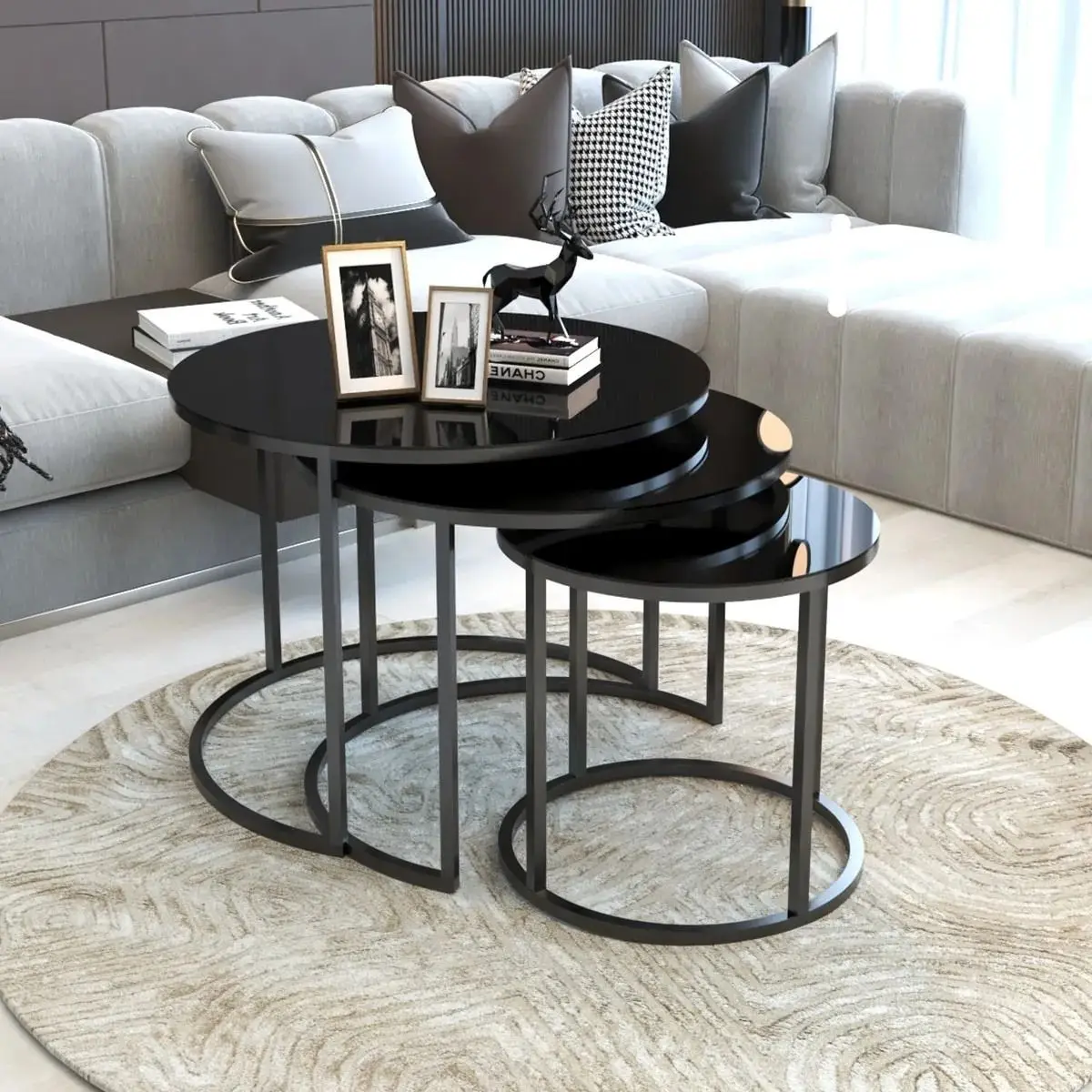 Modern Set of 3 Center Tables Set Unbreakable Tempered Black Glass Metal Leg Coffee Tables Living Room 3 Pcs Furniture Decor