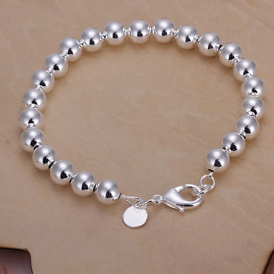 Hurtownia wysokiej jakości mody 925 Sterling Silver bransoletka biżuteria z amuletem 8MM łańcuszek z koralików bransoletki prezenty dla kobiet ślub 20cm — zdjęcie 2